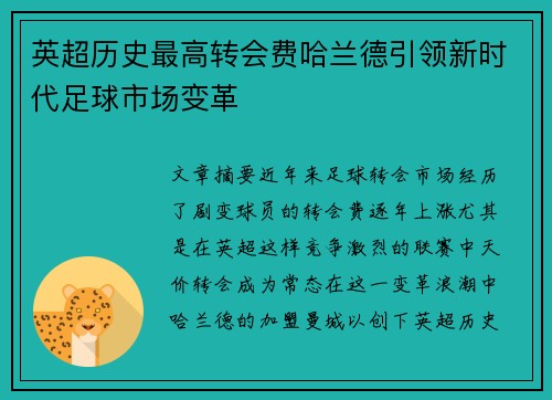英超历史最高转会费哈兰德引领新时代足球市场变革 英超历史最高转会费哈兰德引领新时代足球市场变革